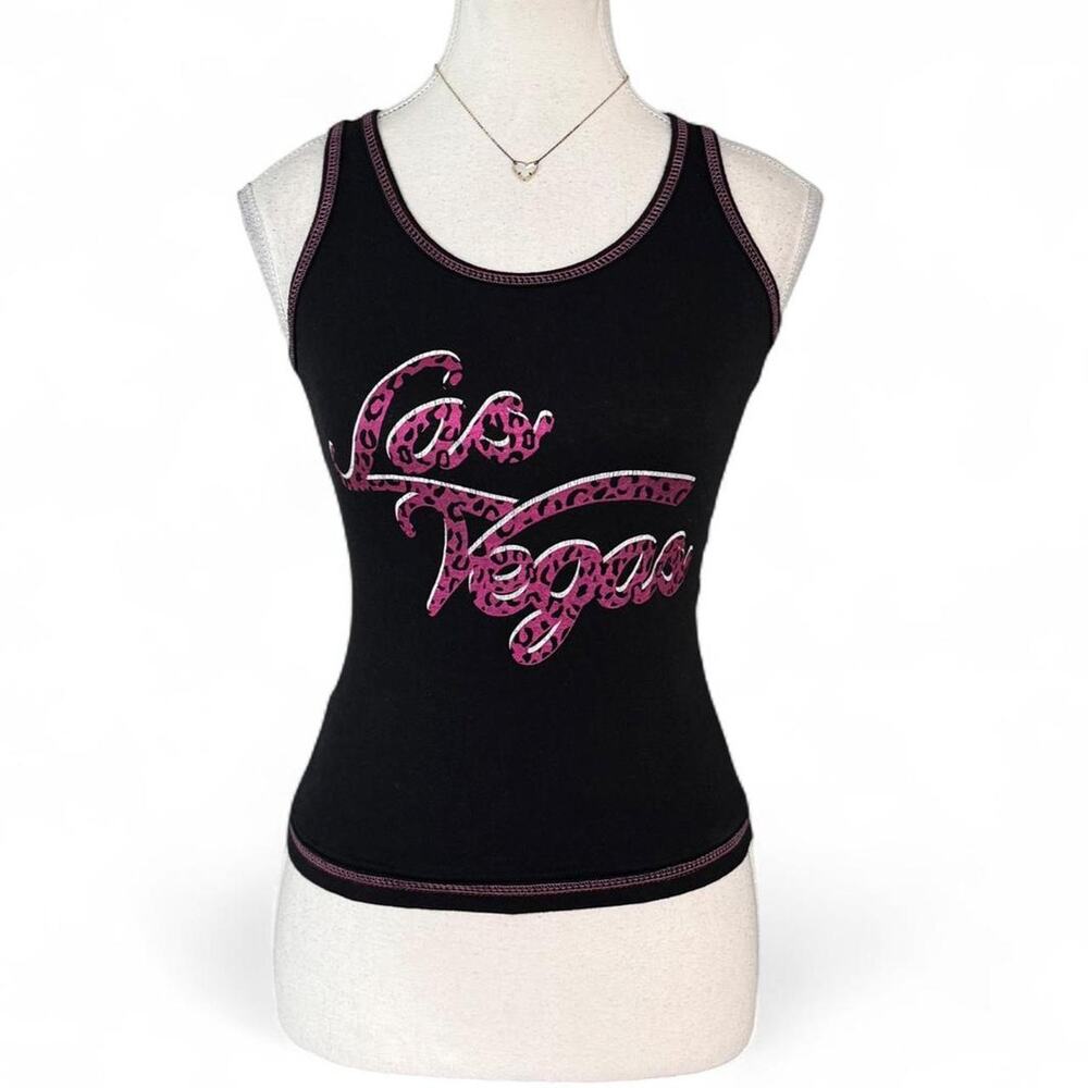 Black Y2K 2000s tank top with pink leopard print 'Las Vegas' text size small alt